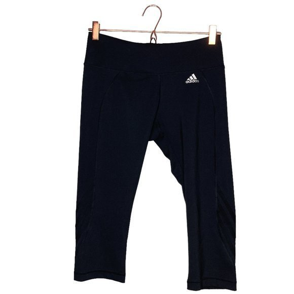 Adidas Large L Black 3 Stripes Cropped Capri‎ Yoga Running Climalite Leggings - Picture 1 of 4